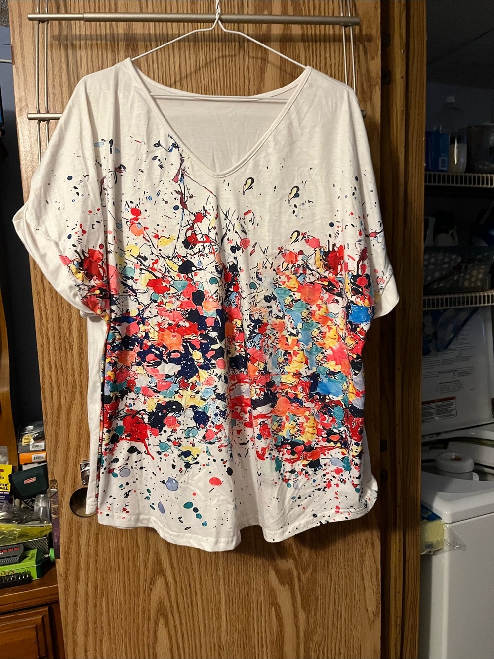 SHEIN White V-Neck Short Sleeve Color Splash Tee
